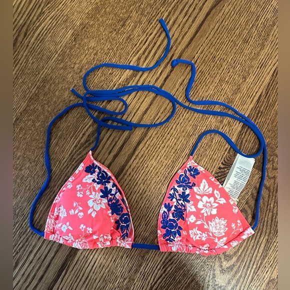 Abercrombie & Fitch Coral Floral Triangle Bikini Top with Blue Straps Size Small - Picture 2 of 4